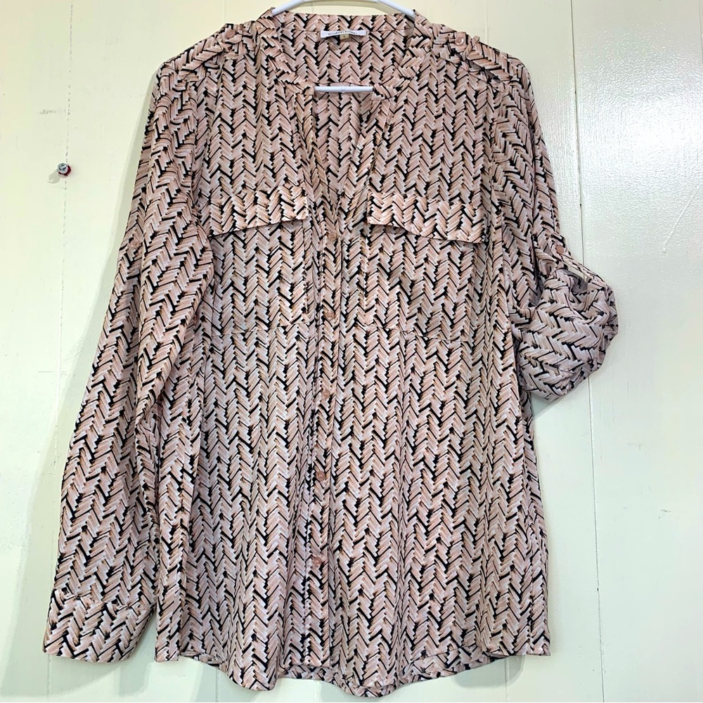 CALVIN KLEIN/ Calvin Klein Pink Button Down Roll Up Sleeve Blouse Top Size Large